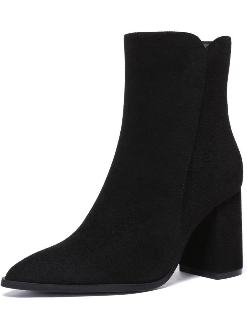 Women's Black Suede Block Heel With Side Zipper Chunky High Heel Ankle Boot